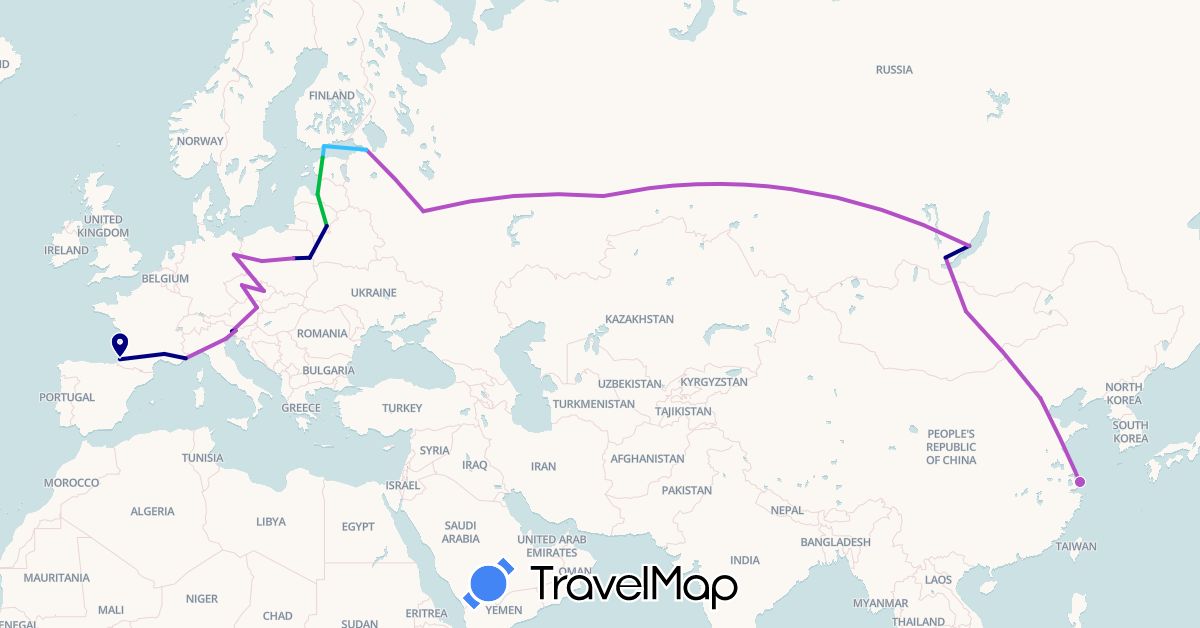 TravelMap itinerary: driving, bus, train, boat in Austria, China, Czech Republic, Germany, Estonia, Finland, France, Italy, Lithuania, Latvia, Mongolia, Poland, Russia, Slovenia (Asia, Europe)